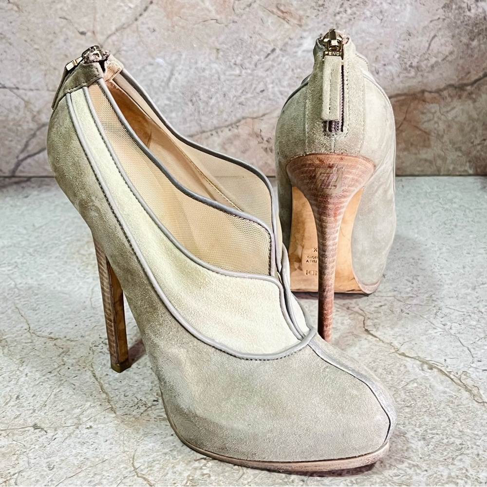 Fendi FF Logo Gray and Beige Mesh Suede High Heel Booties - Picture 4 of 10